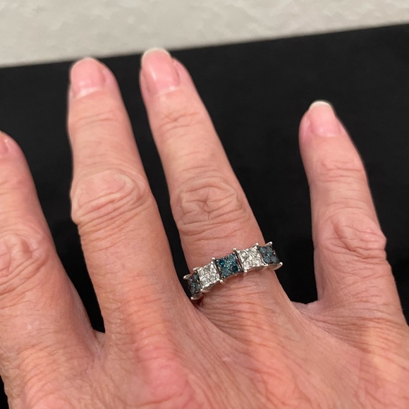 14K White Gold Blue and White Pave Diamond Ring - Picture 1 of 5